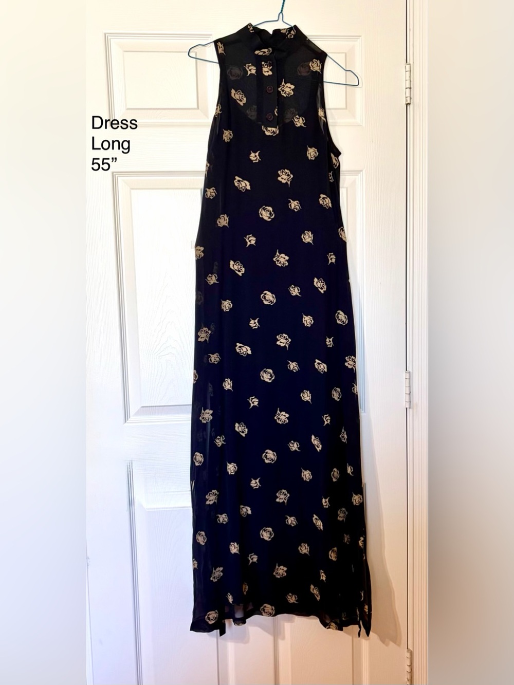 100% Silk Women’s Blue Floral Maxi Dress with Beige Rose Print
